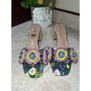 Betsey Johnson Floral & Crochet Embellished Sandals With Raffia Block Heel Size